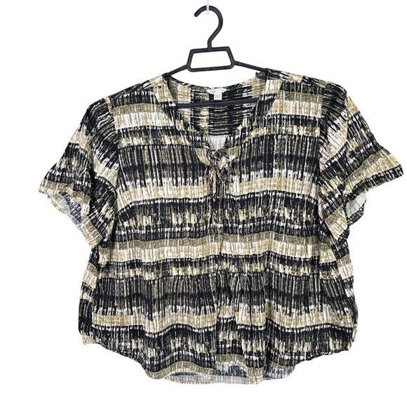 Womens Cato Black & Beige Abstract Print Rayon Blouse V Neck Tie Size 26/28W - Picture 1 of 8